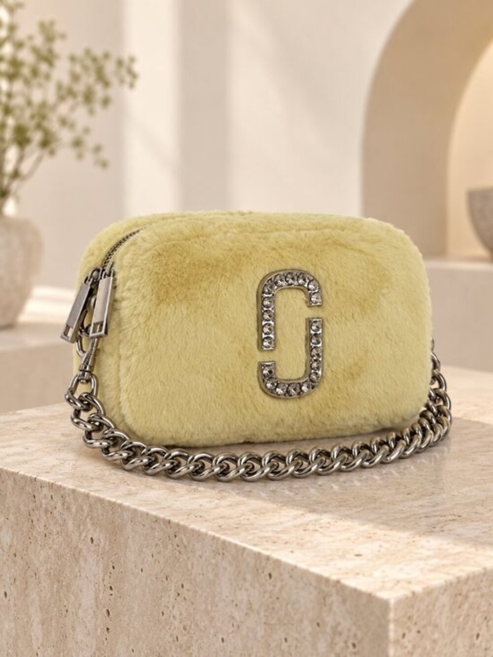 Marc Jacobs Luxe Snapshot Yellow Faux Fur Camera Bag Crystal Logo NWT